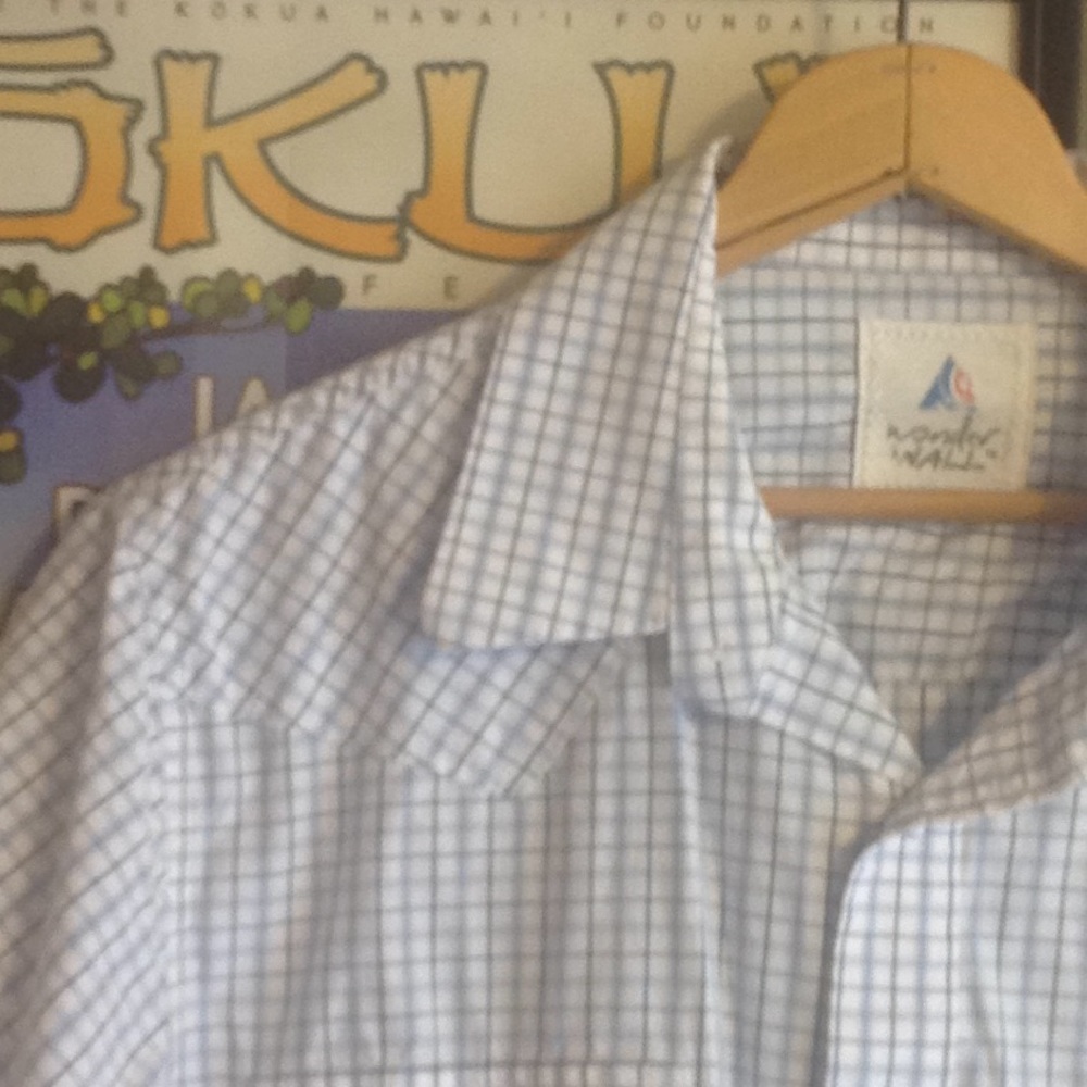 Blue plaid Wonderwall shirt with snaps.